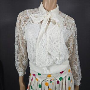 Vintage 80s White Lace Bow Tie Blouse Size M New Romantic Fairy Gothic